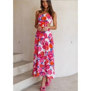 Sunday Up Floral Cutout Maxi Dress S Pink Orange Tiered Open Back Women
